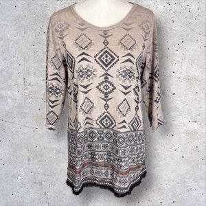 Ali Miles Tunic Top Womens Tan Black Geometric Aztec Tribal Southwestern Medium